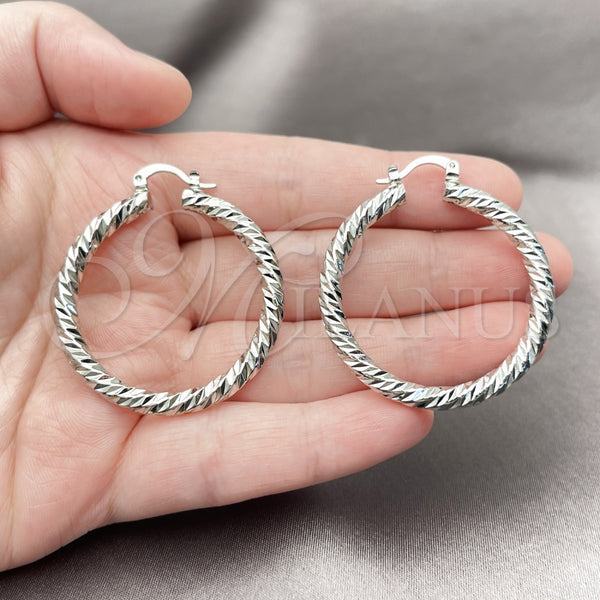 White Gold Filled Hoop Earrings — Medium Hoop Twist Design Diamond Cutting 02. — alternate product view — SKU 164676 | Oro Laminado Blanco aretes de aro — Medium Hoop Twist diseño Diamond Cutting 02. — SKU 164676