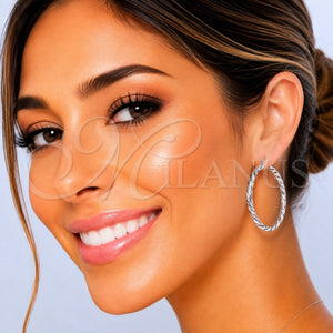 White Gold Filled Hoop Earrings — Large Hoop Twist Design Diamond Cutting 02. — main product view — SKU 164677 | Oro Laminado Blanco aretes de aro — Large Hoop Twist diseño Diamond Cutting 02. — SKU 164677