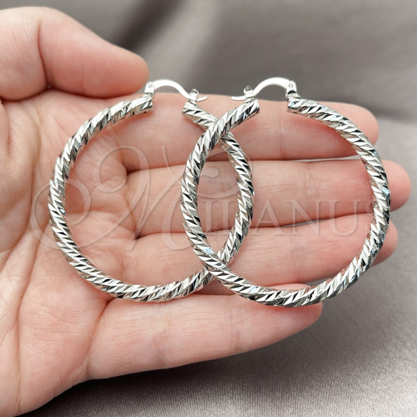 White Gold Filled Hoop Earrings — Large Hoop Twist Design Diamond Cutting 02. — alternate product view — SKU 164677 | Oro Laminado Blanco aretes de aro — Large Hoop Twist diseño Diamond Cutting 02. — SKU 164677