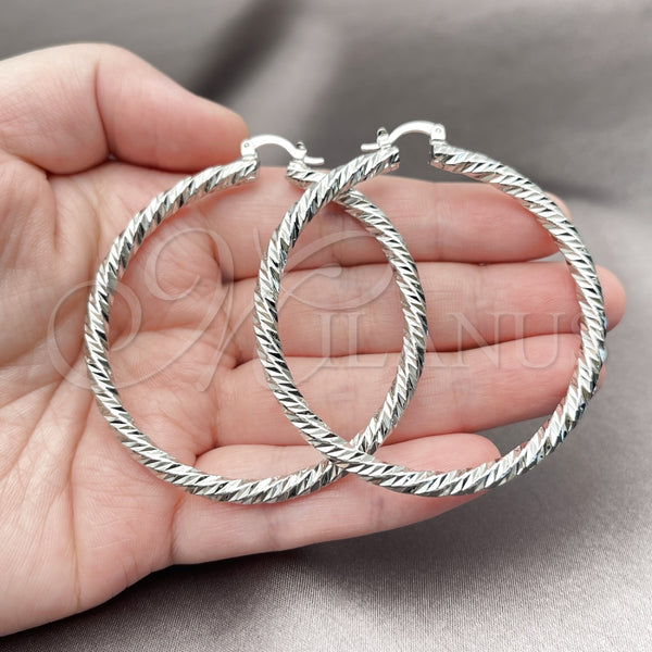 White Gold Filled Hoop Earrings — Large Hoop Twist Design Diamond Cutting 02. — alternate product view — SKU 164678 | Oro Laminado Blanco aretes de aro — Large Hoop Twist diseño Diamond Cutting 02. — SKU 164678