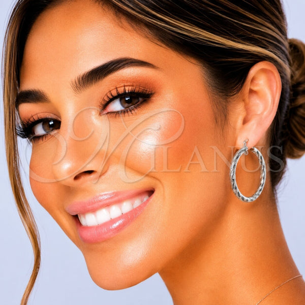 White Gold Filled Hoop Earrings — Medium Hoop Diamond Cutting 02. — main product view — SKU 164682 | Oro Laminado Blanco aretes de aro — Medium Hoop Diamond Cutting 02. — SKU 164682