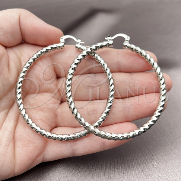 White Gold Filled Hoop Earrings — Large Hoop Twist Design Diamond Cutting 02. — alternate product view — SKU 164687 | Oro Laminado Blanco aretes de aro — Large Hoop Twist diseño Diamond Cutting 02. — SKU 164687