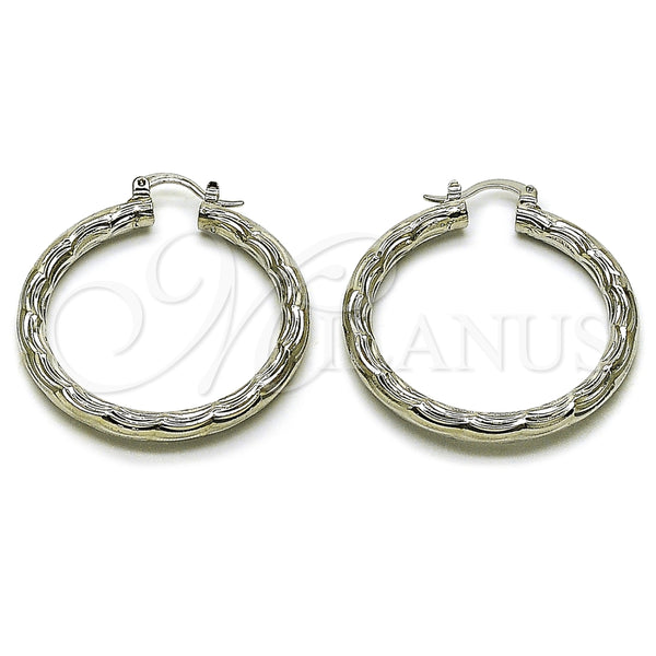 White Gold Filled Hoop Earrings — Medium Hoop Diamond Cutting 5. — main product view — SKU 164699 | Oro Laminado Blanco aretes de aro — Medium Hoop Diamond Cutting 5. — SKU 164699