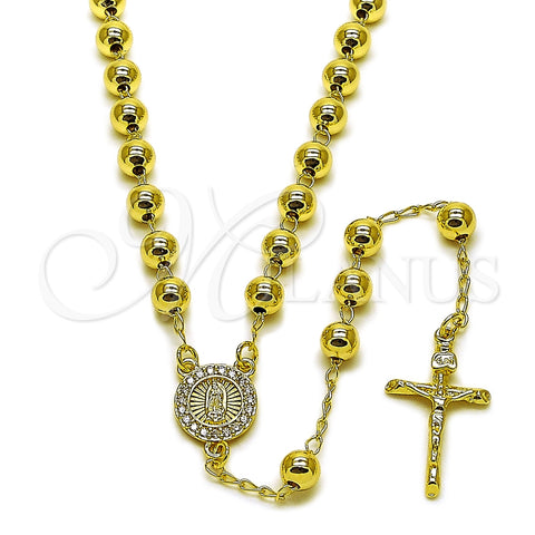 Oro Laminado Medium Rosary, Gold Filled Style Guadalupe and Crucifix Design, with White Cubic Zirconia, Polished, Golden Finish, 09.213.0038.24