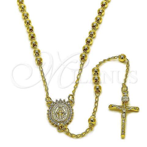 Oro Laminado Thin Rosary, Gold Filled Style Medalla Milagrosa and Crucifix Design, with White Cubic Zirconia, Polished, Golden Finish, 09.213.0073.24