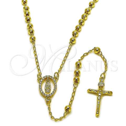 Oro Laminado Thin Rosary, Gold Filled Style Guadalupe and Crucifix Design, with White Cubic Zirconia, Polished, Golden Finish, 09.213.0074.24