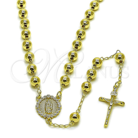 Oro Laminado Medium Rosary, Gold Filled Style Guadalupe and Crucifix Design, with White Cubic Zirconia, Polished, Golden Finish, 09.213.0075.24
