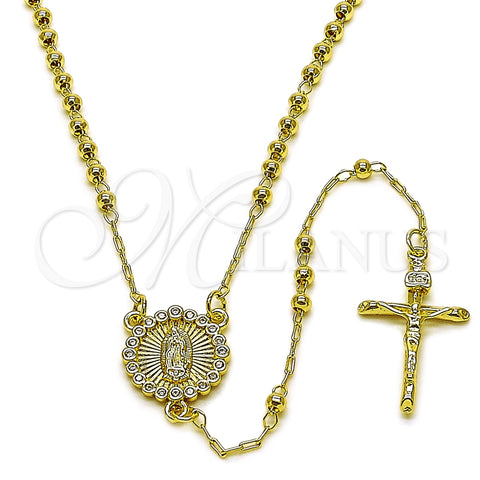 Oro Laminado Thin Rosary, Gold Filled Style Guadalupe and Crucifix Design, with White Cubic Zirconia, Polished, Golden Finish, 09.213.0076.18