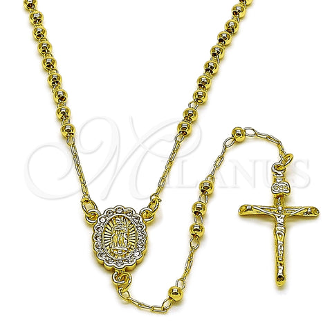 Oro Laminado Thin Rosary, Gold Filled Style Guadalupe and Crucifix Design, with White Cubic Zirconia, Polished, Golden Finish, 09.213.0077.18