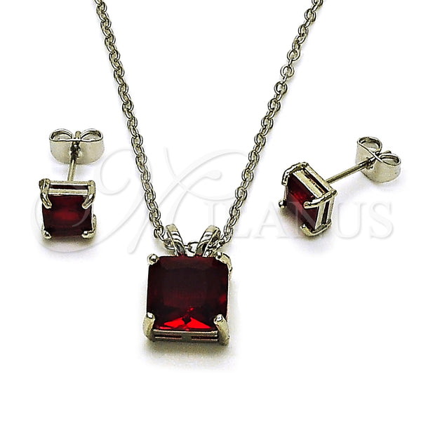 Rhodium Gold Filled Earring and Pendant Adult Set, Rolo Design, with Garnet Cubic Zirconia, Polished, Rhodium Finish, 10.460.0002