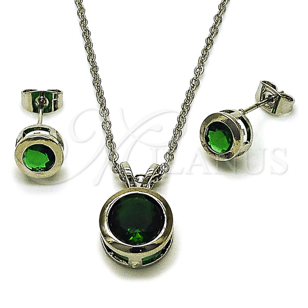 Rhodium Gold Filled Earring and Pendant Adult Set, Rolo Design, with Green Cubic Zirconia, Polished, Rhodium Finish, 10.460.0003.1