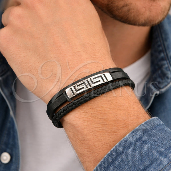 Stainless Steel Bracelet — Fancy Bracelet Greek Key Design Black Leather 03. — alternate product view — SKU 164729 | Acero Inoxidable brazalete — elegante Bracelet Greek Key diseño negro Leather 03. — SKU 164729