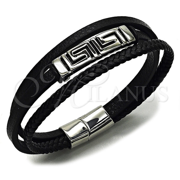 Stainless Steel Bracelet — Fancy Bracelet Greek Key Design Black Leather 03. — main product view — SKU 164729 | Acero Inoxidable brazalete — elegante Bracelet Greek Key diseño negro Leather 03. — SKU 164729