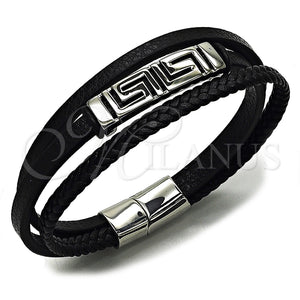 Stainless Steel Bracelet — Fancy Bracelet Greek Key Design Black Leather 03. — main product view — SKU 164729 | Acero Inoxidable brazalete — elegante Bracelet Greek Key diseño negro Leather 03. — SKU 164729