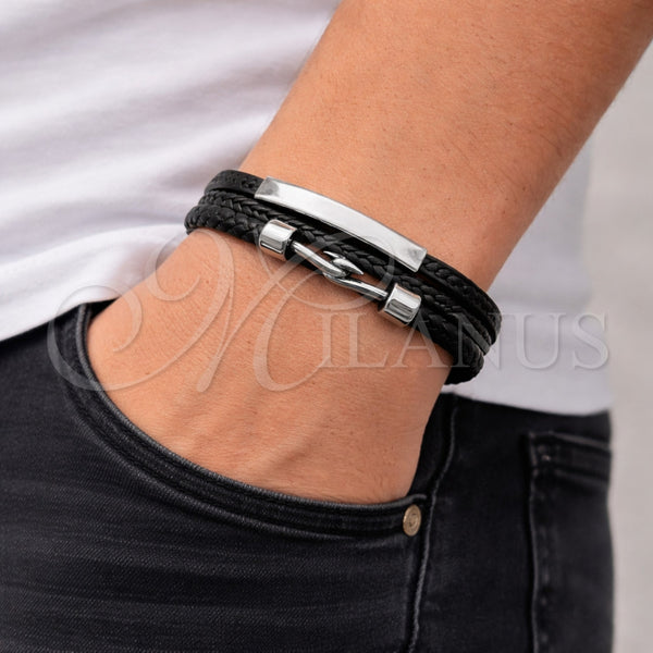 Stainless Steel Bracelet — Fancy Bracelet Black Leather 03. 21 MM Thickness — alternate product view — SKU 164730 | Acero Inoxidable brazalete — elegante Bracelet negro Leather 03. 21 MM Thickness — SKU 164730