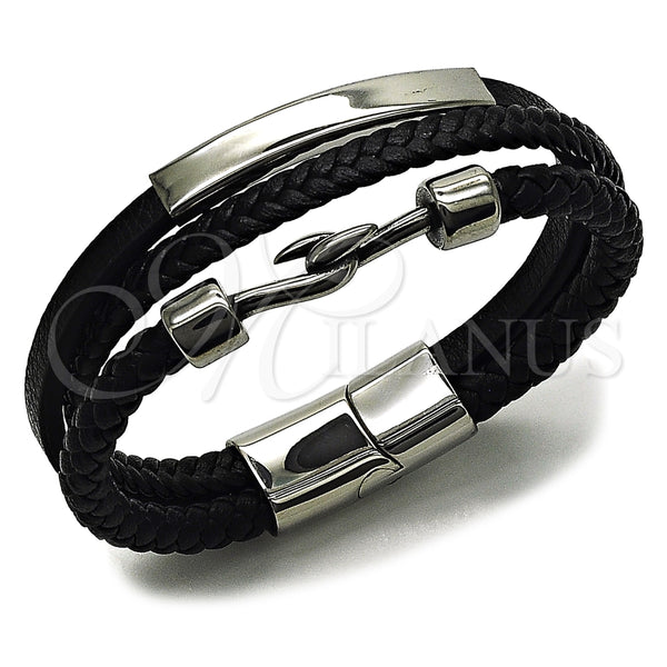 Stainless Steel Bracelet — Fancy Bracelet Black Leather 03. 21 MM Thickness — main product view — SKU 164730 | Acero Inoxidable brazalete — elegante Bracelet negro Leather 03. 21 MM Thickness — SKU 164730