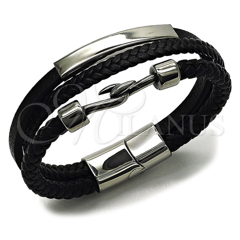 Stainless Steel Fancy Bracelet, Black Leather Finish, Steel Finish, 03.462.0002.09 (21 MM Thickness, 9 Inches Length)