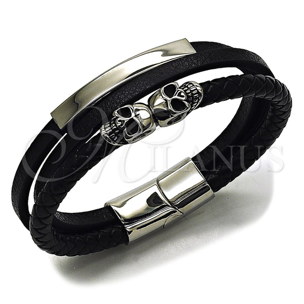 Stainless Steel Bracelet — Fancy Bracelet Skull Design Black Leather 03. 22 — main product view — SKU 164731 | Acero Inoxidable brazalete — elegante Bracelet Skull diseño negro Leather 03. 22 — SKU 164731