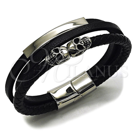 Stainless Steel Fancy Bracelet, Skull Design, Black Leather Finish, Steel Finish, 03.462.0003.09 (22 MM Thickness, 9 Inches Length)