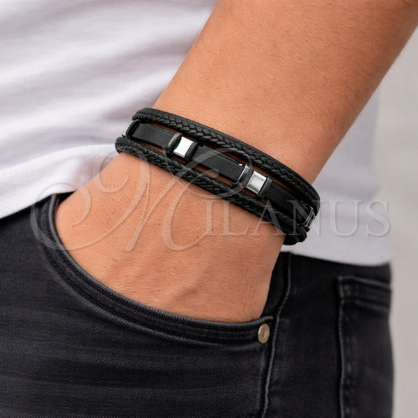 Stainless Steel Bracelet — Fancy Bracelet Black Leather 03. 25 MM Thickness — alternate product view — SKU 164732 | Acero Inoxidable brazalete — elegante Bracelet negro Leather 03. 25 MM Thickness — SKU 164732