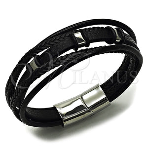 Stainless Steel Bracelet — Fancy Bracelet Black Leather 03. 25 MM Thickness — main product view — SKU 164732 | Acero Inoxidable brazalete — elegante Bracelet negro Leather 03. 25 MM Thickness — SKU 164732