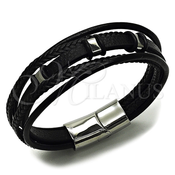 Stainless Steel Bracelet — Fancy Bracelet Black Leather 03. 25 MM Thickness — main product view — SKU 164732 | Acero Inoxidable brazalete — elegante Bracelet negro Leather 03. 25 MM Thickness — SKU 164732