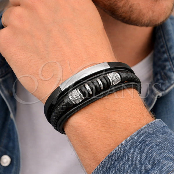 Stainless Steel Bracelet — Fancy Bracelet Black Leather 03. 22 MM Thickness — alternate product view — SKU 164734 | Acero Inoxidable brazalete — elegante Bracelet negro Leather 03. 22 MM Thickness — SKU 164734