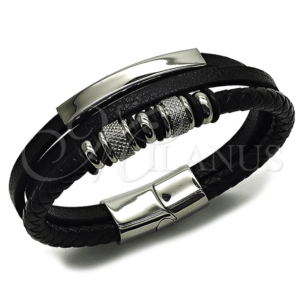 Stainless Steel Bracelet — Fancy Bracelet Black Leather 03. 22 MM Thickness — main product view — SKU 164734 | Acero Inoxidable brazalete — elegante Bracelet negro Leather 03. 22 MM Thickness — SKU 164734