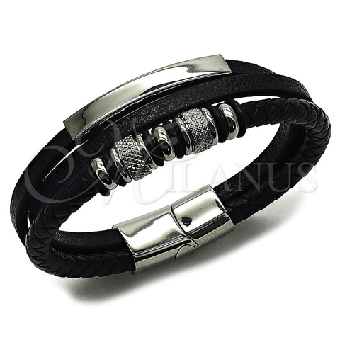 Stainless Steel Fancy Bracelet, Black Leather Finish, Steel Finish, 03.462.0006.09 (22 MM Thickness, 9 Inches Length)