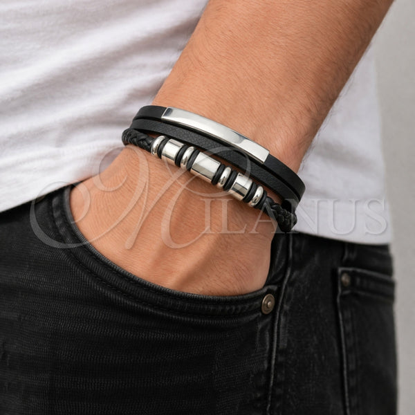 Stainless Steel Bracelet — Fancy Bracelet Black Leather 03. 24 MM Thickness — alternate product view — SKU 164735 | Acero Inoxidable brazalete — elegante Bracelet negro Leather 03. 24 MM Thickness — SKU 164735