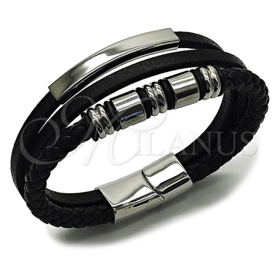 Stainless Steel Fancy Bracelet, Black Leather Finish, Steel Finish, 03.462.0007.09 (24 MM Thickness, 9 Inches for wholesale, main product view