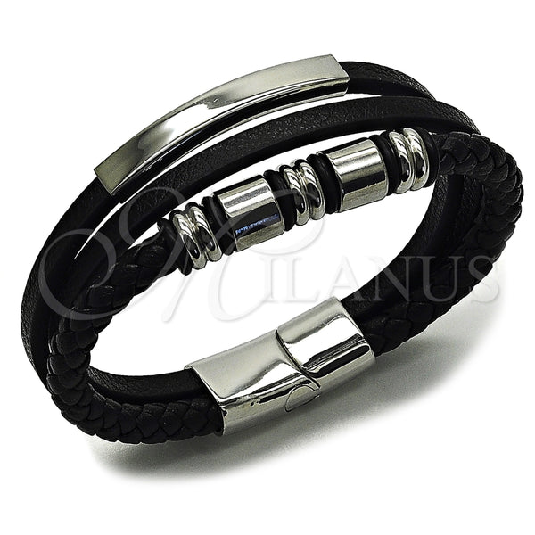 Stainless Steel Bracelet — Fancy Bracelet Black Leather 03. 24 MM Thickness — main product view — SKU 164735 | Acero Inoxidable brazalete — elegante Bracelet negro Leather 03. 24 MM Thickness — SKU 164735