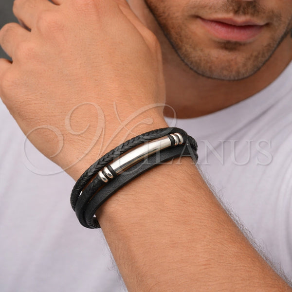 Stainless Steel Bracelet — Fancy Bracelet Black Leather 03. 19 MM Thickness — alternate product view — SKU 164736 | Acero Inoxidable brazalete — elegante Bracelet negro Leather 03. 19 MM Thickness — SKU 164736
