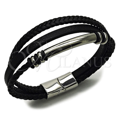 Stainless Steel Fancy Bracelet, Black Leather Finish, Steel Finish, 03.462.0008.09 (19 MM Thickness, 9 Inches for wholesale, main product view