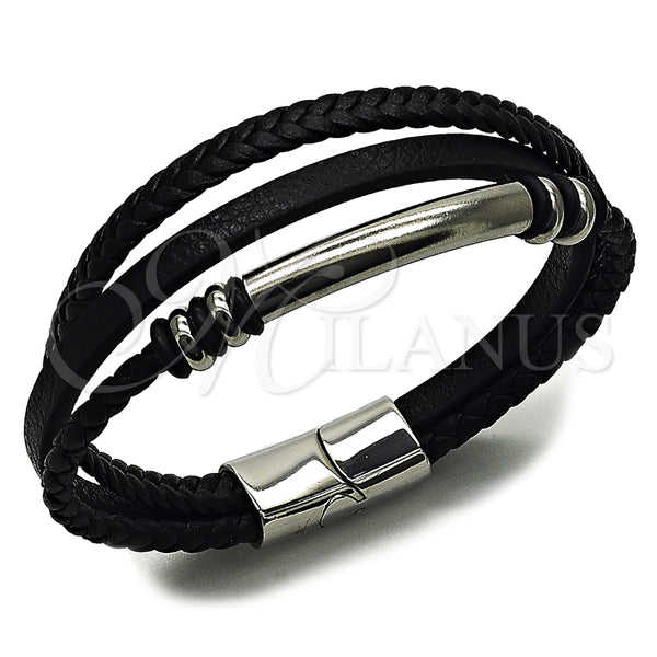 Stainless Steel Bracelet — Fancy Bracelet Black Leather 03. 19 MM Thickness — main product view — SKU 164736 | Acero Inoxidable brazalete — elegante Bracelet negro Leather 03. 19 MM Thickness — SKU 164736