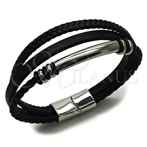 Stainless Steel Fancy Bracelet, Black Leather Finish, Steel Finish, 03.462.0008.09 (19 MM Thickness, 9 Inches Length)