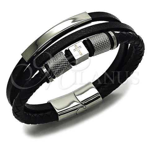 Stainless Steel Fancy Bracelet, Cross Design, Black Leather Finish, Steel Finish, 03.462.0009.09 (22 MM Thickness, 9 Inches Length)