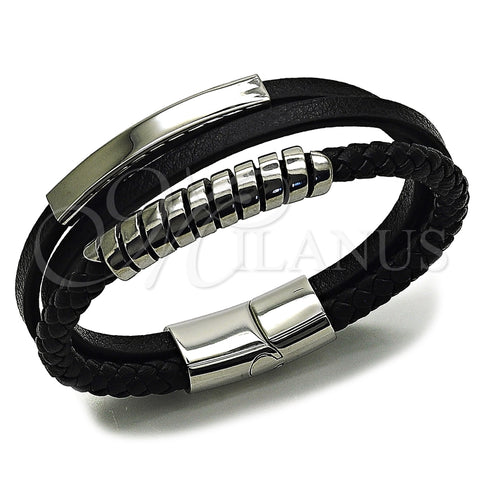 Stainless Steel Fancy Bracelet, Twist and Spiral Design, Black Leather Finish, Steel Finish, 03.462.0010.09 (21 MM Thickness, 9 Inches Length)