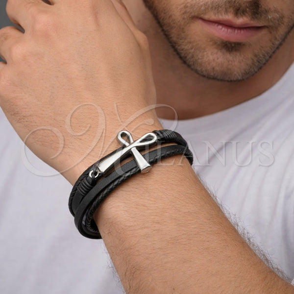 Stainless Steel Bracelet — Fancy Bracelet Cross Design Black Leather 03. 25 — alternate product view — SKU 164739 | Acero Inoxidable brazalete — elegante Bracelet cruz diseño negro Leather 03. 25 — SKU 164739