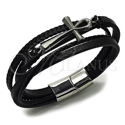 Stainless Steel Fancy Bracelet, Cross Design, Black Leather Finish, Steel Finish, 03.462.0011.09 (25 MM for wholesale, main product view
