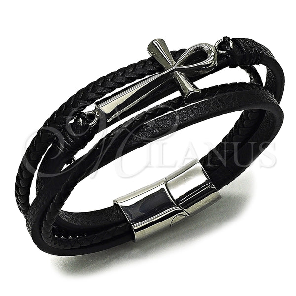 Stainless Steel Bracelet — Fancy Bracelet Cross Design Black Leather 03. 25 — main product view — SKU 164739 | Acero Inoxidable brazalete — elegante Bracelet cruz diseño negro Leather 03. 25 — SKU 164739