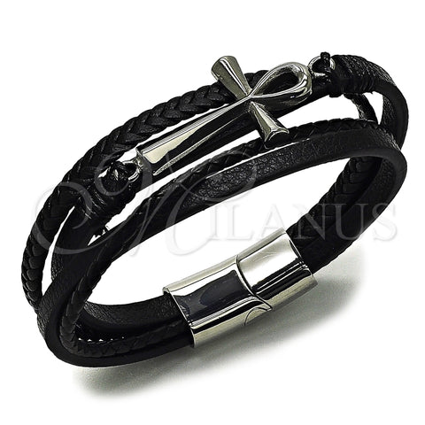 Stainless Steel Fancy Bracelet, Cross Design, Black Leather Finish, Steel Finish, 03.462.0011.09 (25 MM Thickness, 9 Inches Length)