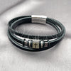 Stainless Steel Fancy Bracelet, Cross Design, Black Leather Finish, Steel Finish, 03.462.0012.09 (20 MM Thickness, 9 Inches Length)