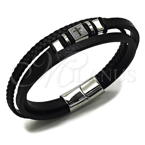 Stainless Steel Fancy Bracelet, Cross Design, Black Leather Finish, Steel Finish, 03.462.0012.09 (20 MM Thickness, 9 Inches Length)