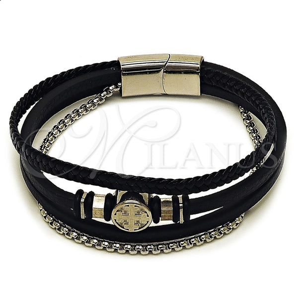 Stainless Steel Bracelet — Fancy Bracelet Cross and Box Design Black Leather — main product view — SKU 164741 | Acero Inoxidable brazalete — elegante Bracelet cruz and Box diseño negro Leather — SKU 164741