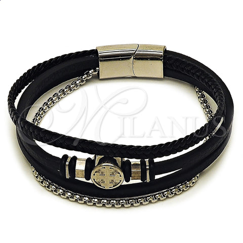 Stainless Steel Fancy Bracelet, Cross and Box Design, Black Leather Finish, Steel Finish, 03.462.0013.09 (22 MM Thickness, 9 Inches Length)