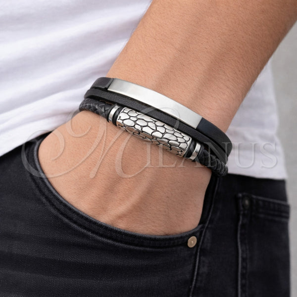 Stainless Steel Bracelet — Fancy Bracelet Nameplate Design Black Leather 03. 22 — alternate product view — SKU 164743 | Acero Inoxidable brazalete — elegante Bracelet Nameplate diseño negro Leather 03. 22 — SKU 164743