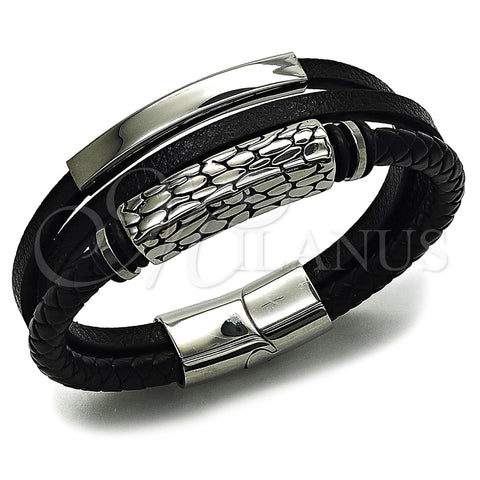 Stainless Steel Fancy Bracelet, Nameplate Design, Black Leather Finish, Steel Finish, 03.462.0015.09 (22 MM Thickness, 9 Inches Length)
