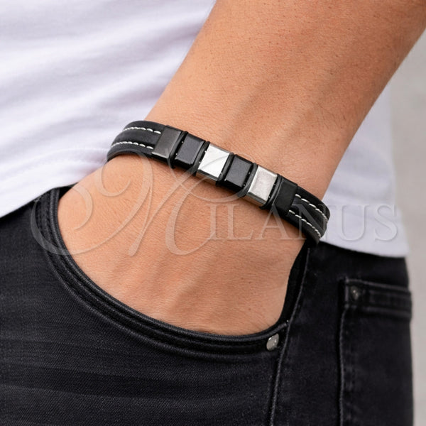 Stainless Steel Bracelet — Fancy Bracelet Black Leather 03. 11 MM Thickness — alternate product view — SKU 164744 | Acero Inoxidable brazalete — elegante Bracelet negro Leather 03. 11 MM Thickness — SKU 164744