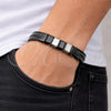 Stainless Steel Fancy Bracelet, Black Leather Finish, Steel Finish, 03.462.0016.09 (11 MM Thickness, 9 Inches Length)